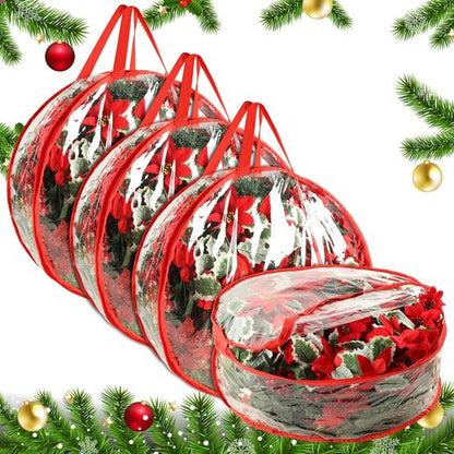 4 Pcs Christmas Wreath Storage Bag - 24 Inch Waterproof PVC Container with Red Edging & Handles