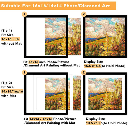 QOTIB Wood 16x16 Frame Set of 2 with 14x14 Mat, for 40 x 40cm Diamond Art Painting, Display Picture 14 x 14 with Mat or 16 x 16 without Mat, Large 40x40 Picture Frame for Wall Hanging, Black, 2 Pack