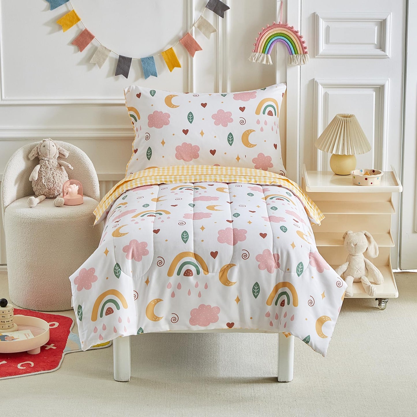 Joyreap 4 Piece Toddler Bedding Set for Girls- Pink n Yellow Clouds Moon Rainbow Lovely Design, Microfiber Toddler Bedding Comforter Set for All Seasons