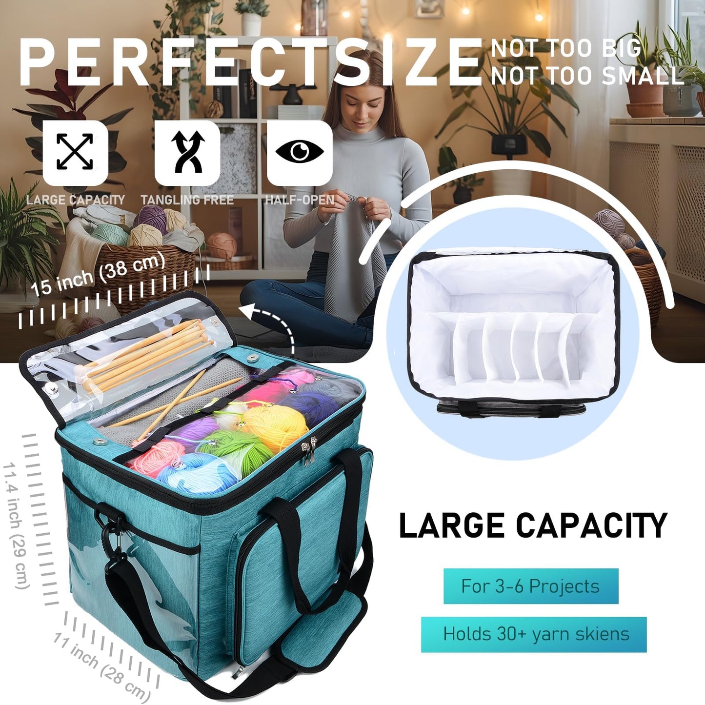 Hoshin Knitting Bag for Yarn Storage, High Capacity Yarn Totes Organizer with Inner Divider Portable for Carrying Project, Knitting Needles(up to 14”), Crochet Hooks, Skeins of Yarn (Green)
