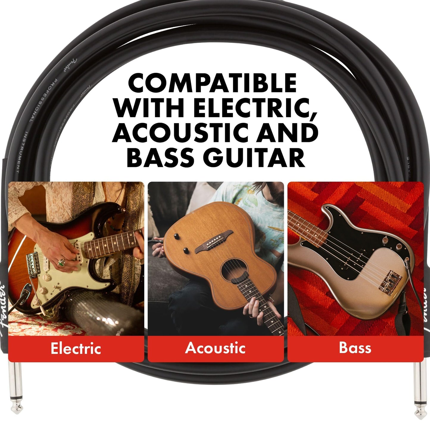 Fender Professional Series Instrument Cable, Guitar Cable 10 ft, Guitar Accessories, Stage Ready with Anti-Kinking Design, Black