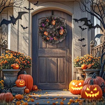 Huadanbor 24 inch Wreath, Halloween Wreath for Front Door, Halloween Spider Decor Pumpkin Skull Wreaths, Wall, Window, Garden and Offices Decor. (Black)