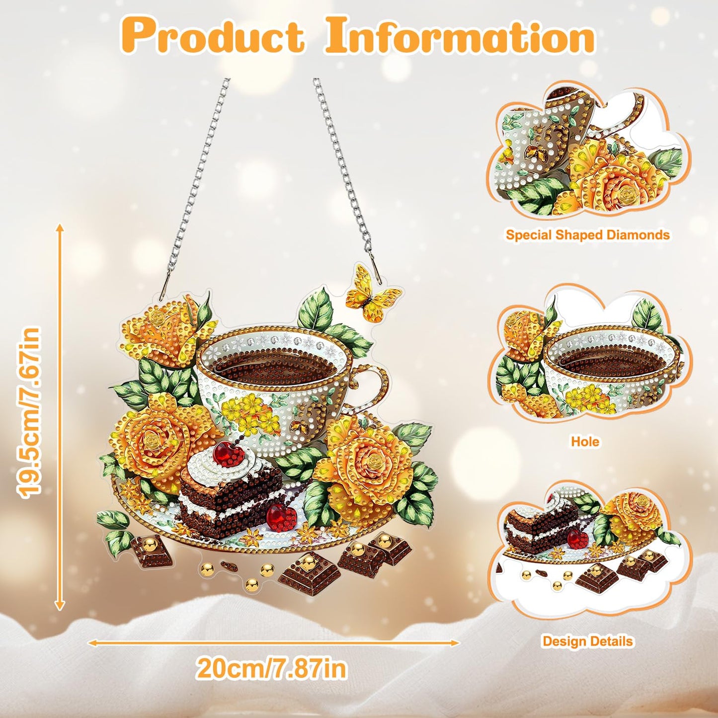 AIRDEA Coffee Diamond Painting Hanging Kits Pendant for Adult, Yellow Roses and Cake Special Shaped Diamond Art Flowers Window Pendant Ornament,7.68x7.48in
