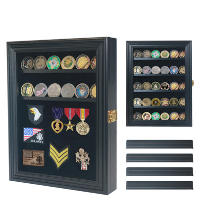 Military Challenge Coin Display Case with Medals Display 11x14IN Shadow Box with HD Toughened Glass, Wall Mount & Removable 2 Grooves Shelves, Coin Holder for Souvenirs, Solid Wood Frame