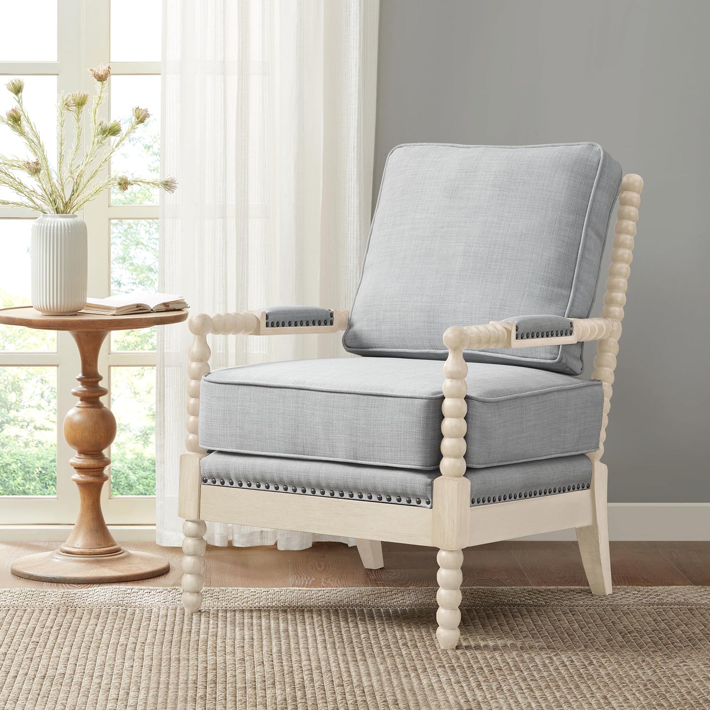 Madison Park Accent Chairs for Living Room Farmhouse Modern Armchair, Solid Wood, Antiqued Finish, Upholstered Seat Removable, Bedroom Lounge for Reading, 25.5" W, Light Blue/Antique Cream