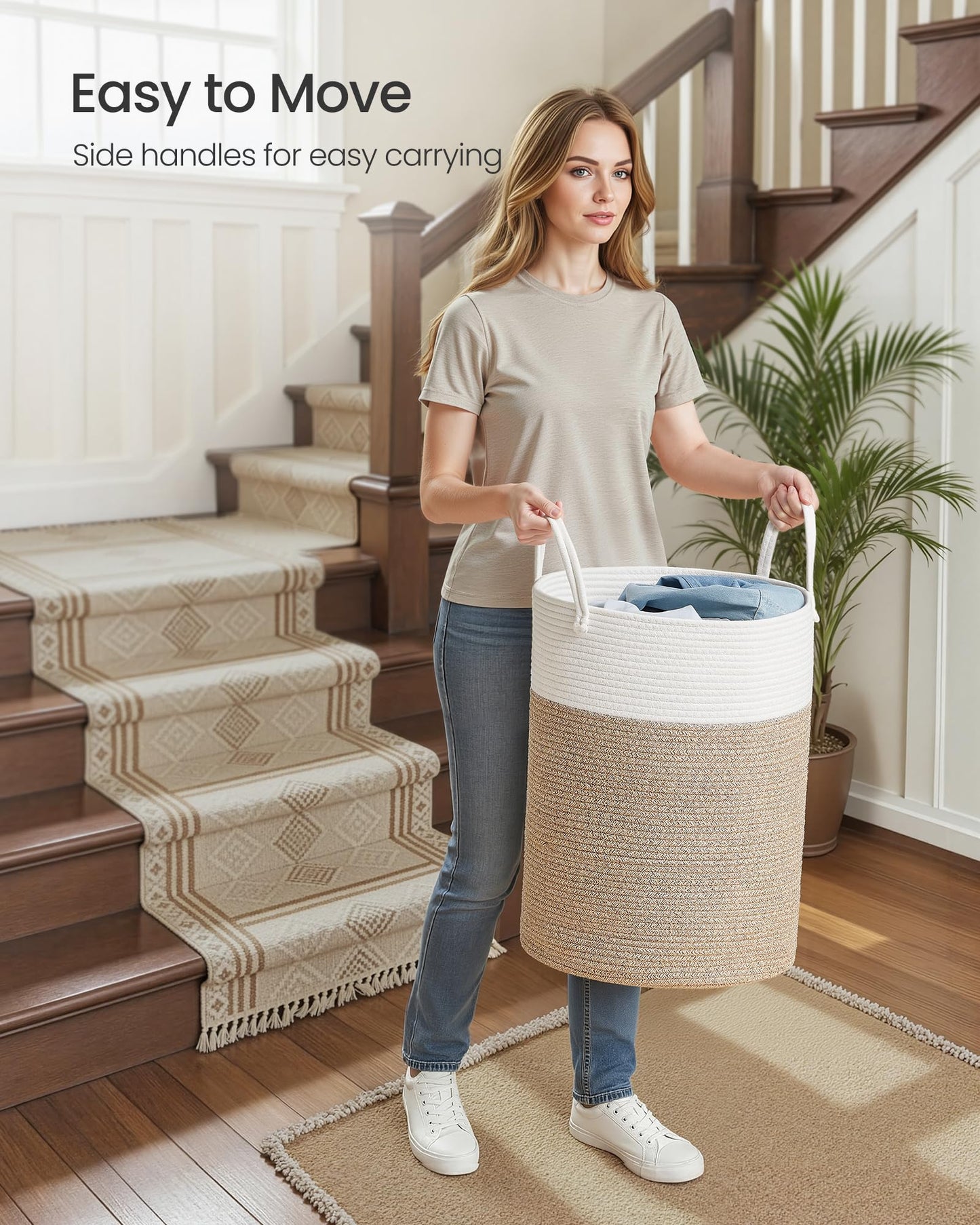 SONGMICS Laundry Hamper, Cotton Rope Laundry Basket with Handles, for Children, Toys, Clothing, Living Room, Bedroom, 15.8 Gallons, 13.8 x 13.8 x 19.7 Inches, White and Grayish Brown URLH061LZ01