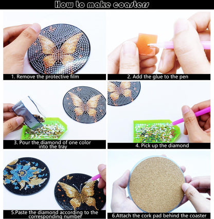 8 Pcs Butterfly Diamond Painting Coasters Kits with Holder,Flower Diamond Art Coasters Set for Drinks Coffee Table, Diamond Painting kit for Beginners Adults DIY Art Craft Gifts Home Decors