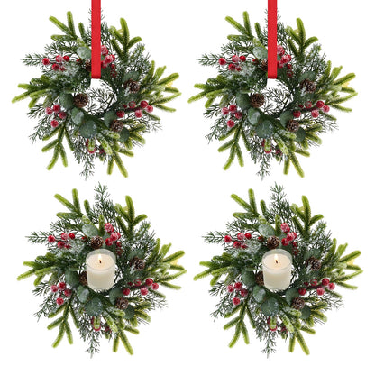 Tupetcs 9.8inch Christmas Wreath, 4Pcs Small Christmas Wreath Decorations for Home Front Door Porch Table Centerpieces Candle Rings Wall Window Cabinets Farmhouse Decorations