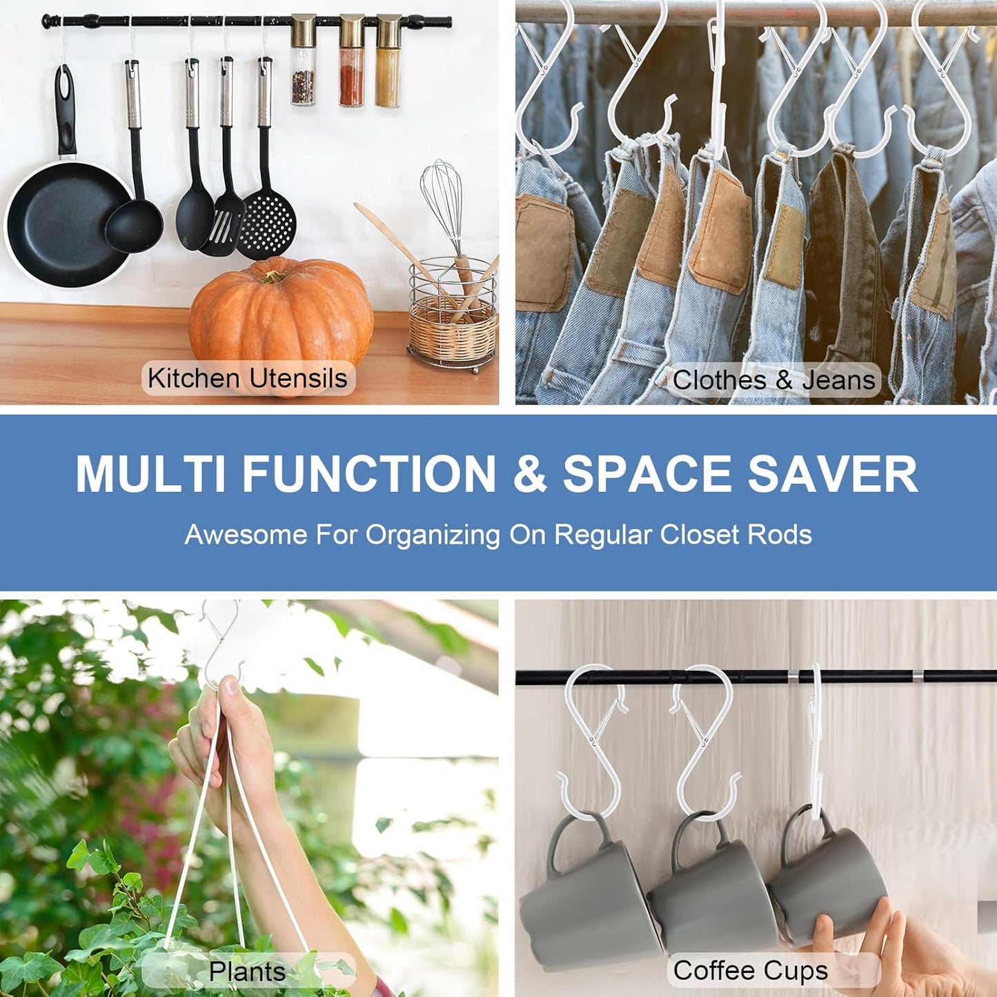 ADIIL 16 Pcs S Hooks for Hanging, Heavy Duty Metal S Shaped Closet Hooks for Plants Kitchen Utensils Bags