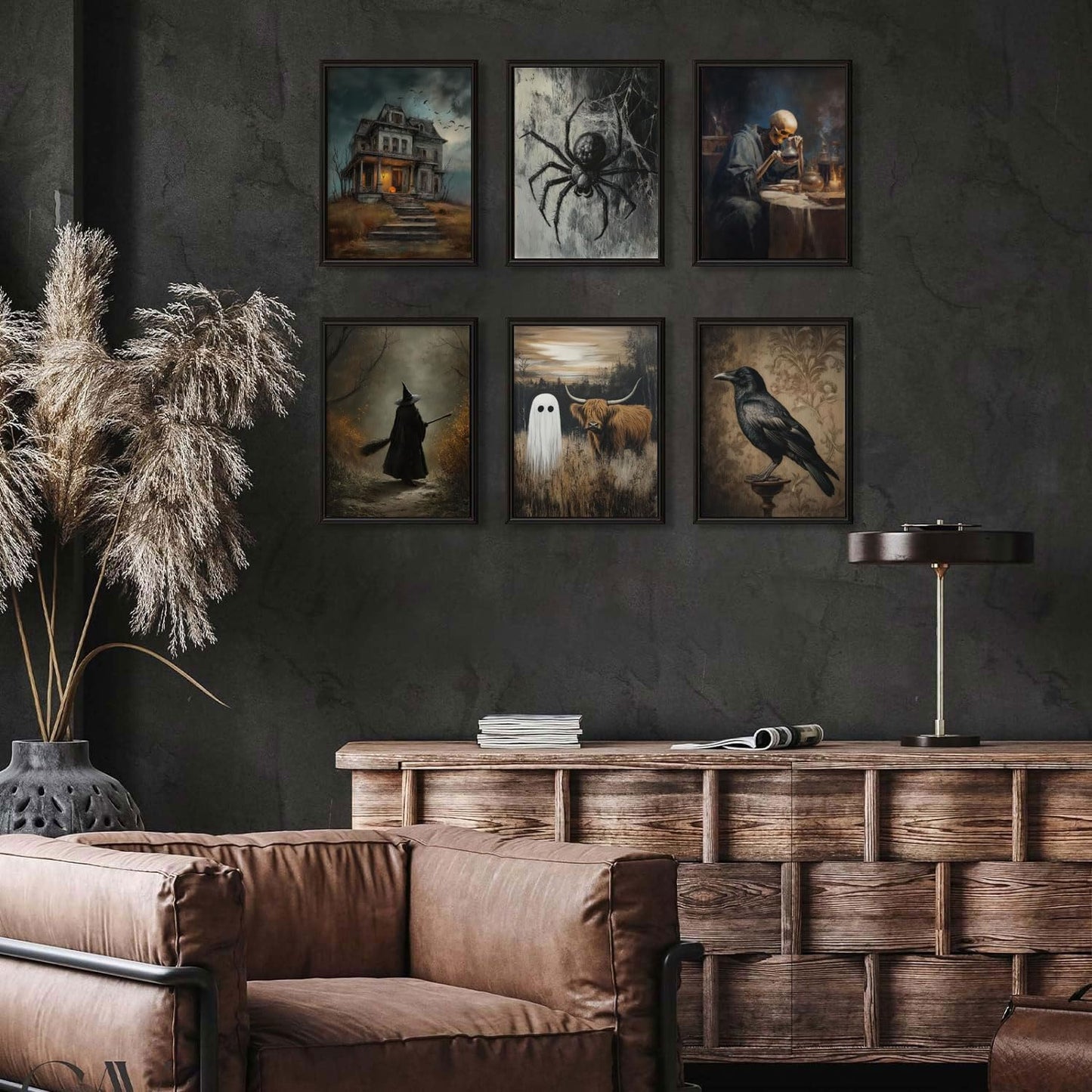 6Pcs Halloween Wall Art Creepy Dark Academia Wall Decor Pictures Ghost Wizard Skeletons Canvas Posters Prints for Gallery Living Room Bedroom Office Unframed