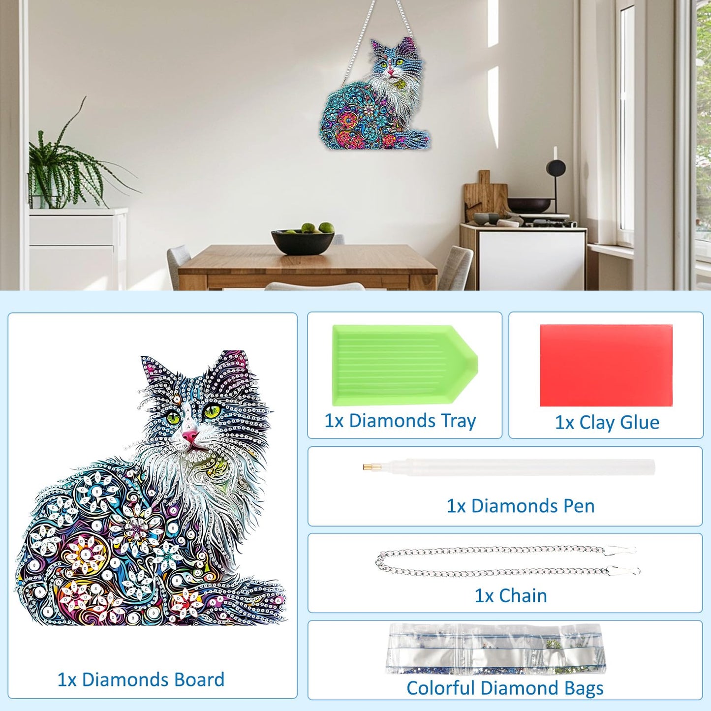 SENQAO Cat Hanging Diamond Art Painting Kits for Adults Beginners, 5D Special Shape Diamond Art Kits, Cat Crystal Rhinestones Diamond Gem Art Painting for Home Garden Wall Decor