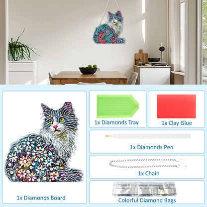 SENQAO Cat Hanging Diamond Art Painting Kits for Adults Beginners, 5D Special Shape Diamond Art Kits, Cat Crystal Rhinestones Diamond Gem Art Painting for Home Garden Wall Decor