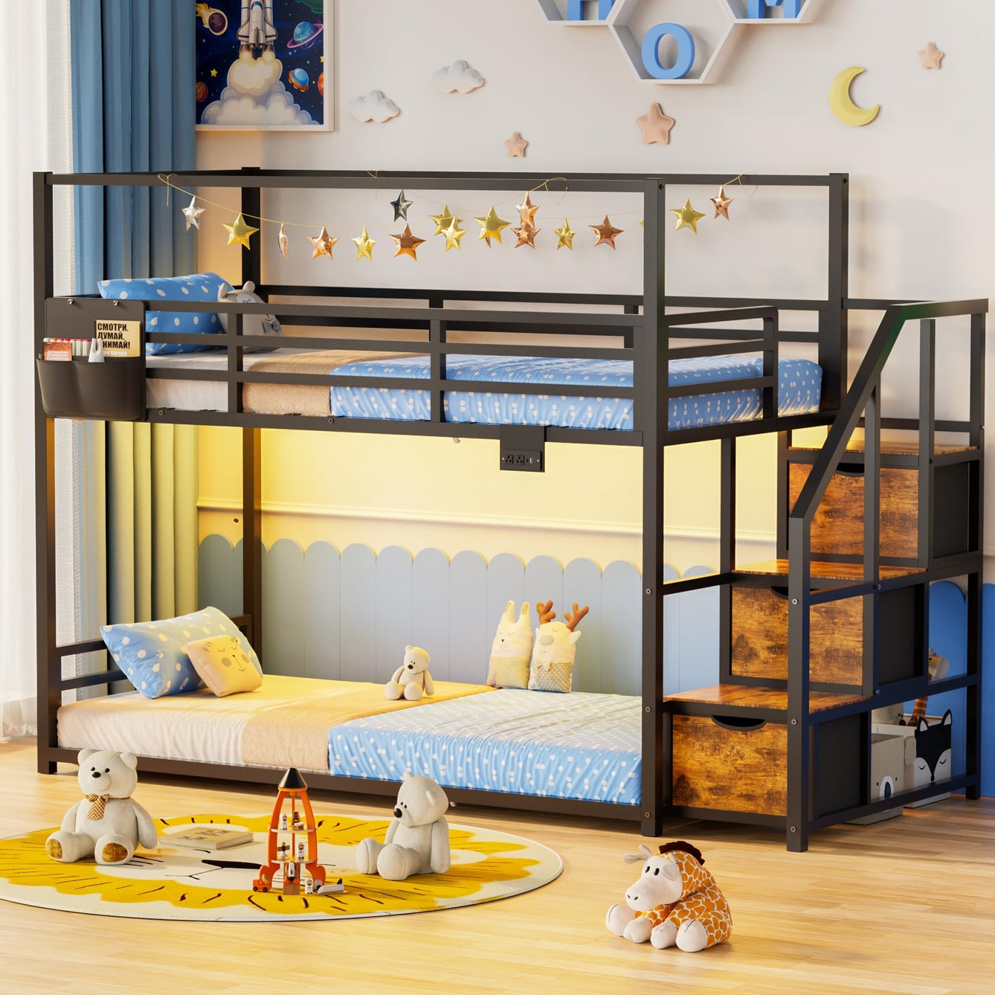 Low Bunk Bed Twin Over Twin with Storage Staircase, RGB LED Lights, Drawers & Shelves, Metal Bunk Beds for Kids with Power Outlet, Double Full-Length Guardrails & Metal Slats for Small Space, Black