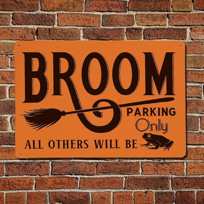 Witch Broom Parking Only Poster Halloween Broom Metal Sign – Funny Witch Porch & Kitchen Decor – 8x12 Inches