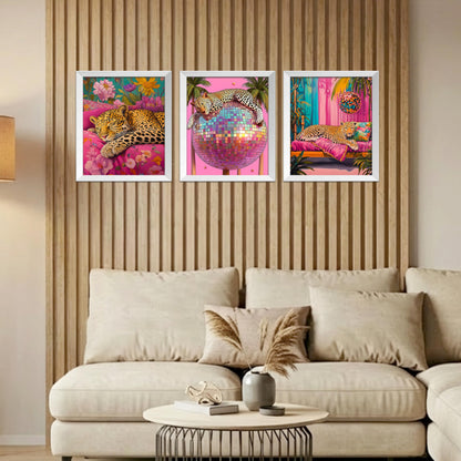 Kemingni 3 Pack Sleeping Leopard Diamond Painting Kit, Maximalist Funky Disco Ball Leopard Diamond Art Kits for Adults Beginners, Full Drill Gem Painting for Home Wall Decor, 9.8x11.8 Inch
