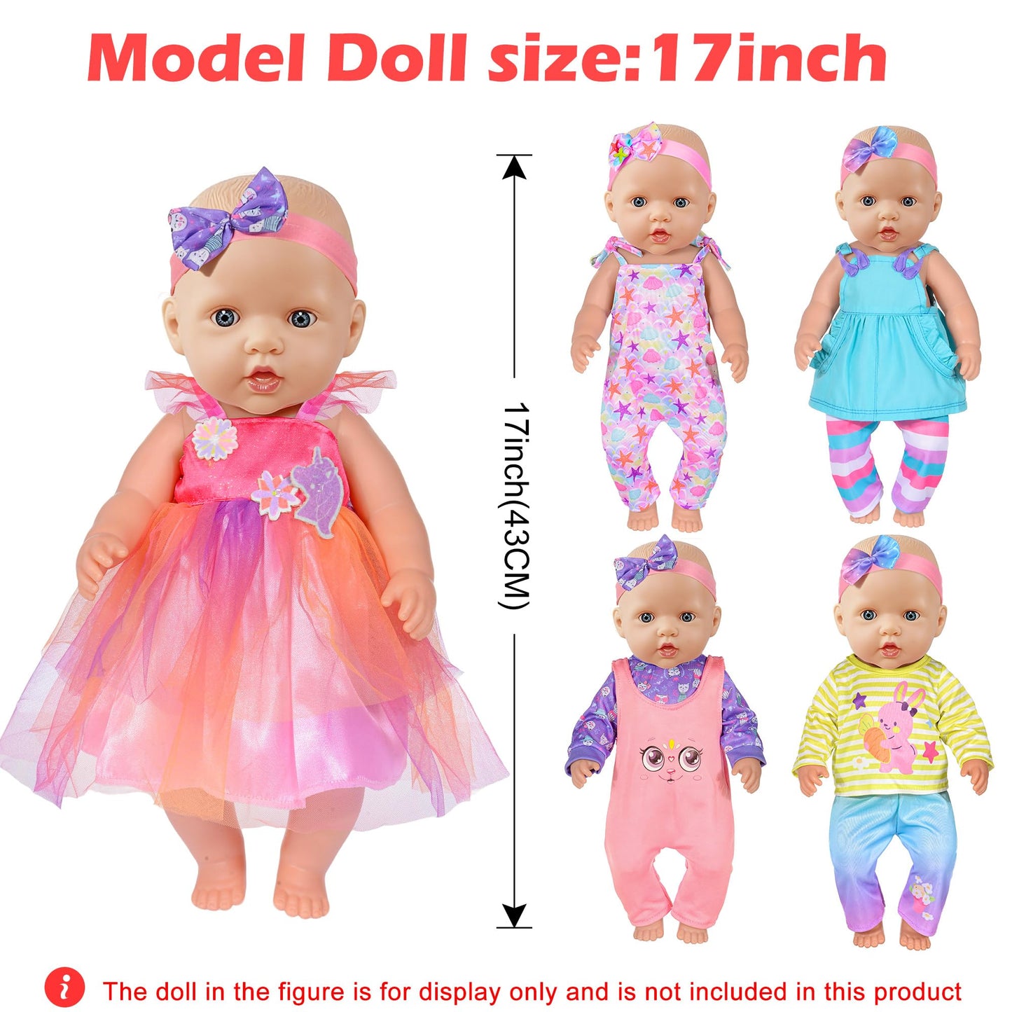 5-Pack Baby Doll Clothes for 15-18 Inch Dolls, Cute Fashion Doll Clothing Set with Matching Headbands, Fits 15" 16" 17" Reborn Baby Dolls, 18" Dolls, Baby Dolls, Gift for Girls (Doll Not Included)