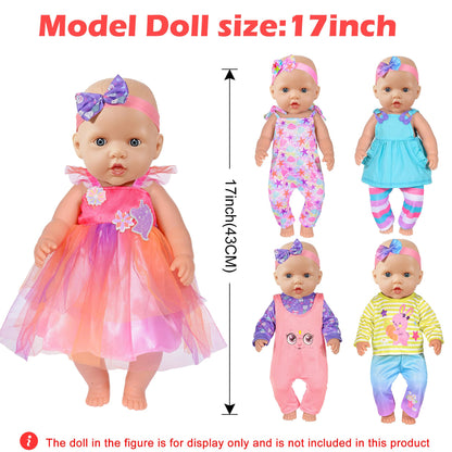 5-Pack Baby Doll Clothes for 15-18 Inch Dolls, Cute Fashion Doll Clothing Set with Matching Headbands, Fits 15" 16" 17" Reborn Baby Dolls, 18" Dolls, Baby Dolls, Gift for Girls (Doll Not Included)