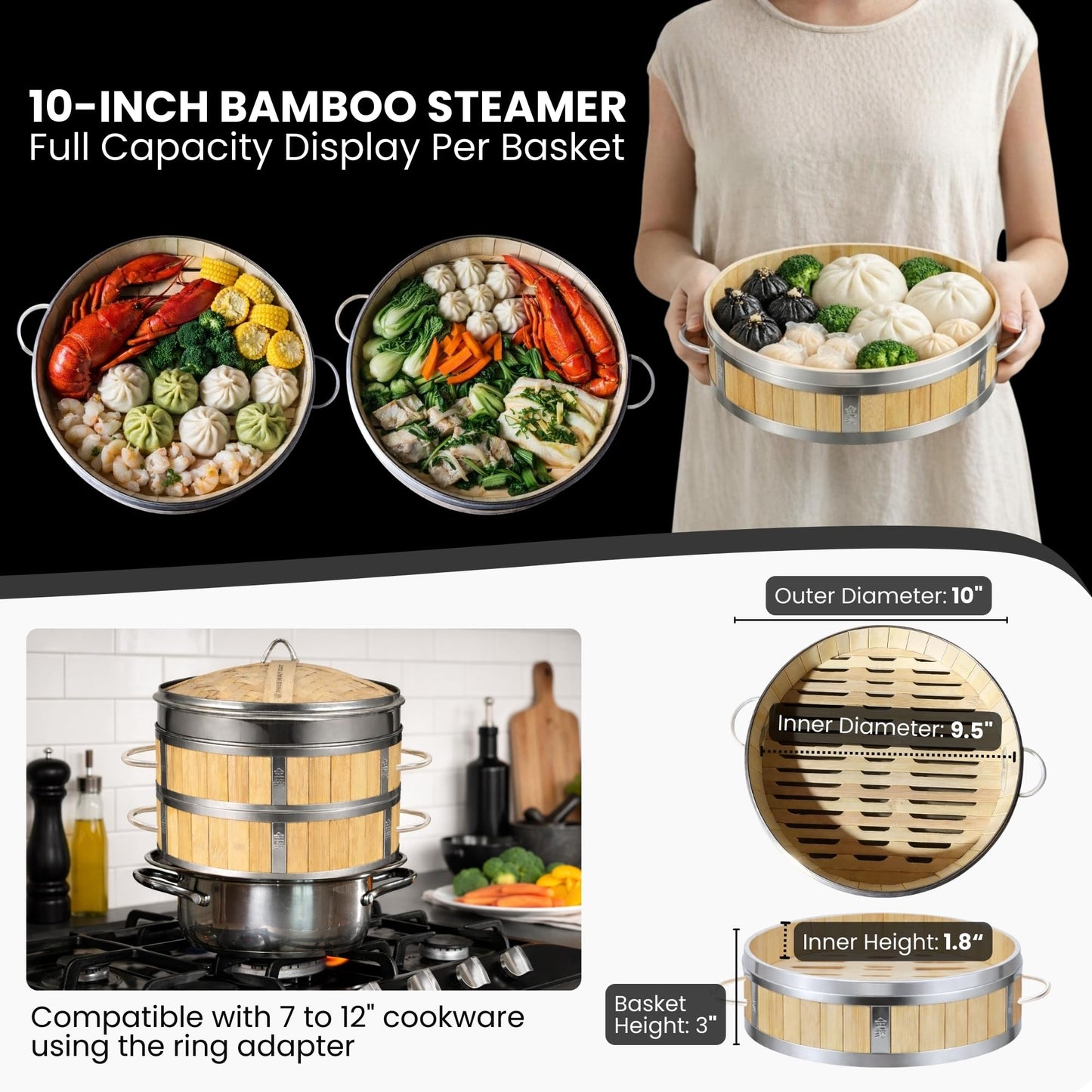 Bamboo Steamer 10" - Heavy-Duty Dumpling Steamer Basket, 2 Tier Bamboo Steamers for Cooking & Steaming Dim Sum, Bao Bun, Gyoza, Shumai & Vegetables - 10 Inch Steam Baskets with Handles & Accessories Set