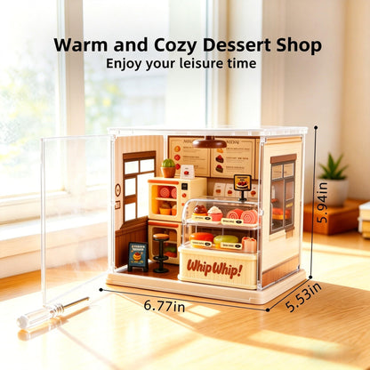 Lydaz DIY Miniature House Kit, Mini House Building Kit for Adults, Tiny House Kit with Furniture, Miniature Dollhouse Kits with Dust Cover, Craft LED Decor Birthday Gifts for Family Her(Dessert House)