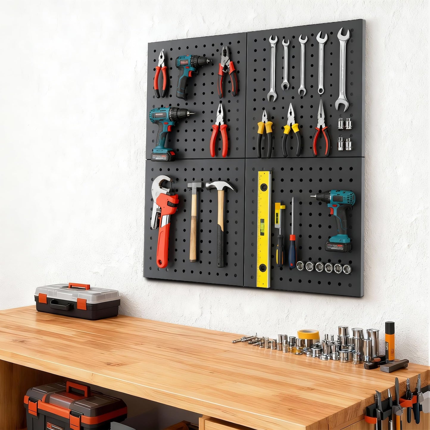 Peg Board - Metal Pegboard with 48 Hooks, Heavy Duty Wall Mount Metal Grid Panel for Garage Organization & Tool Storage, Rustproof, Easy to Install, Compatible with Standard Organizer Accessories
