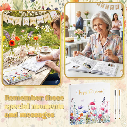 Resholder 2026 Retirement Guest Book with 2 Markers 8.7'' Square Hardcover Blank Guest Photo Signing Memory Book Happy Retirement Gift Party Supplies for Women Men Teacher Grad Decor (White,Floral)