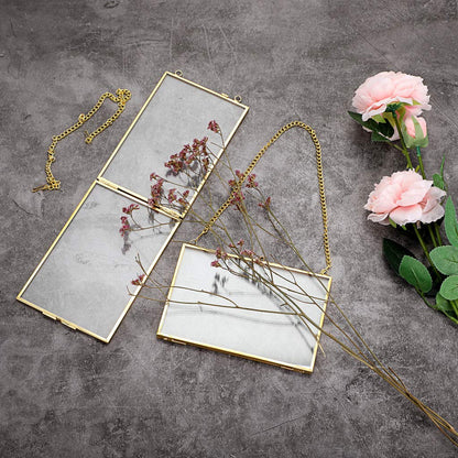 JUXYES Set of 2 Wall Hanging Brass Frames for Pressed Flowers, Golden Modern Hanging Picture Artwork Display Frame, Double Glass Floater Style Gallery Wall Frame for Photo Picture Poster etc, 4x6 Inches