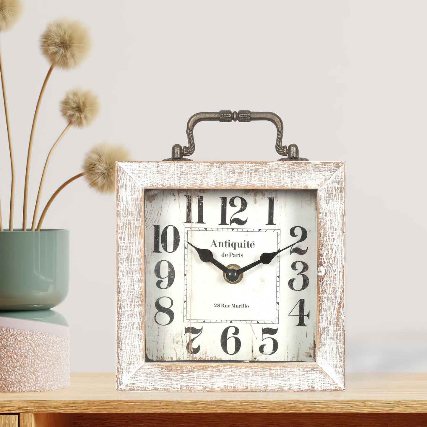 BITALYE Retro Desk Clock, White Vintage Wooden Table Clock,