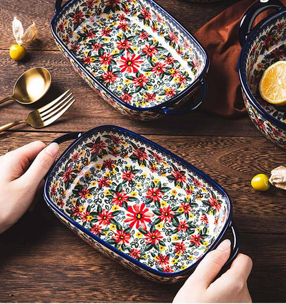 Red Daisy Flower Vintage Style Ceramic Bakeware Casserole Dish Baking Pan with Handles