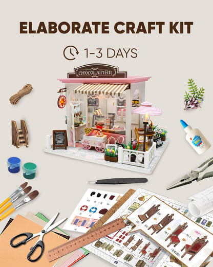 Miniature House Kit, Miniature Dollhouse for Beginners, DIY Dollhouse Kit for Adults to Build, Model Building Craft Diorama Kit, Ideal Gifts for Birthday Christmas(Chocolate Shop)