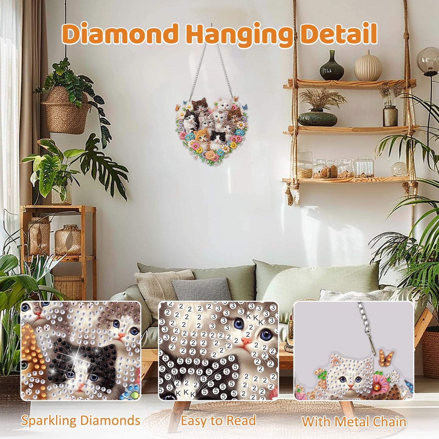 MEIYUDA Cat Diamond Art Hanging Kits for Adult, Flower Cats Diamond Painting Hanging Kits Ornaments, DIY Special Shaped Rhinestone Window Pendants Kit for Home Garden Wall Decor Gift