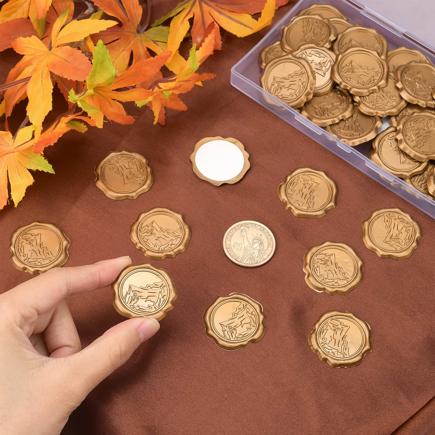 CRASPIRE 60pcs Adhesive Wax Seal Stickers - Mountain Stamp Self Adhesive Gold Vintage Envelope Stickers for Wedding Invitation Cards, Party Favors, Craft Gift