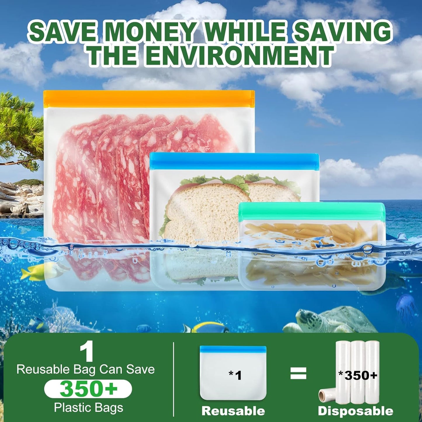 10 Pack Reusable Ziplock Bags, 3 Large Food Storage Gallon Bags, 4 Reusable Sandwich Bags, 3 Snack Bags for Meal Prep