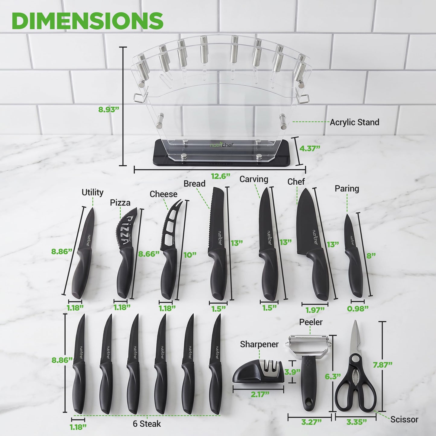 NutriChef 17-Piece Kitchen Knife Block Set - Stainless Steel Precision Crafted Knives w/Acrylic Block Stand - Includes 6 Steak & 7 Multi-Use Knives, Sharpener, Scissors, & Vegetable Peeler (Black)