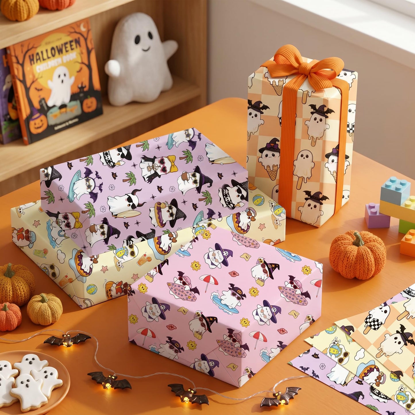 Summer Ghost Wrapping Paper for Kids, 12 Sheets Cute Beach Halloween Wrapping Paper, Kawaii Pastel Spooky Surf Ice Cream & Tropical Designs for Birthday Summer Holiday Party Decor, 19.7 x 27.6 Inch
