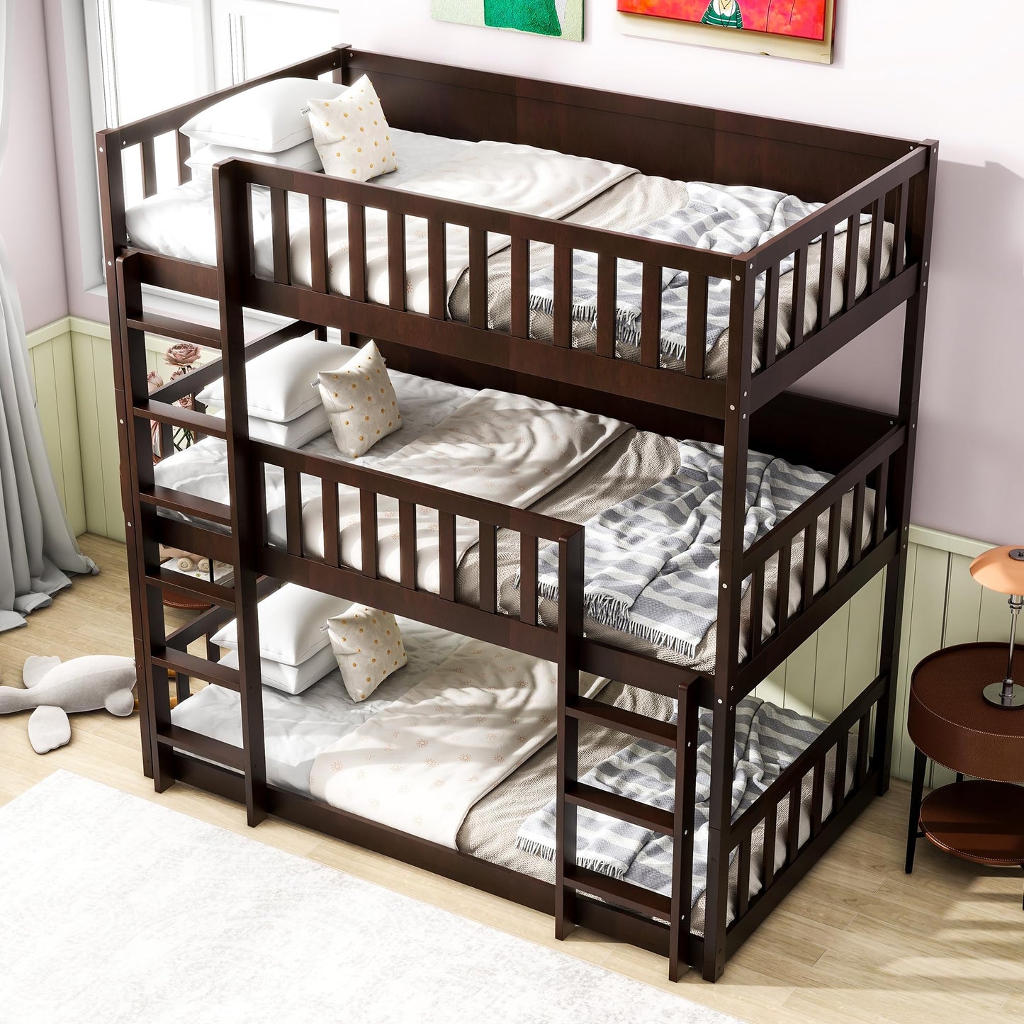 KEIKI Twin Over Twin Over Twin Triple Bunk Bed, Solid Rubber Wood Detachable 3-in-1 Bed Frame with Ladders & Full Guardrails, Space-Saving Boys & Girls Bed for Family & Sleepovers, Espresso