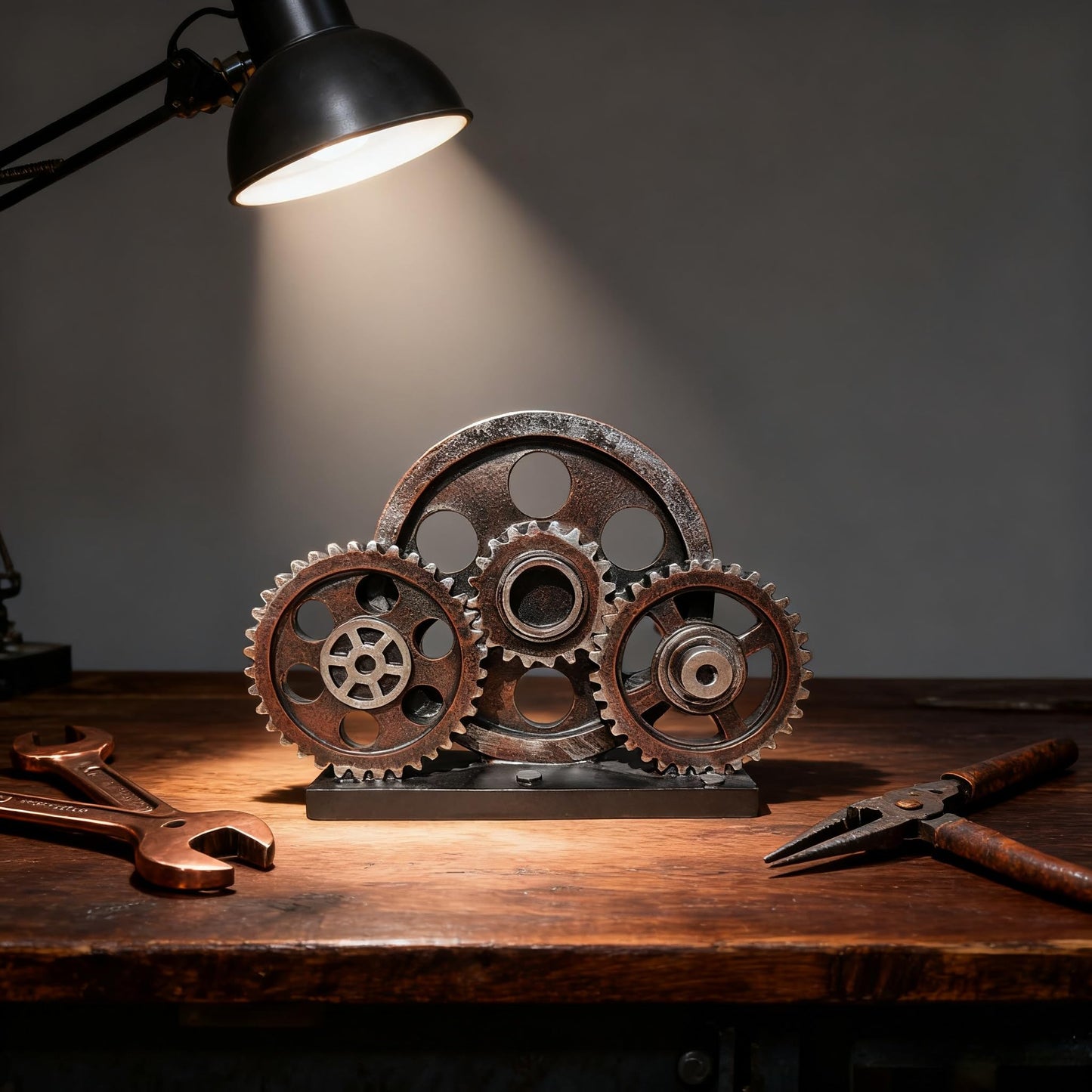 FMTITF Antique Copper Steampunk Gear Train Sculpture, Industrial Decor Statue for Bookshelf, Heavy Duty Resin Figurine with Mechanical Gears, Home Office Decor Gift for Men, Man Cave Collectible Art