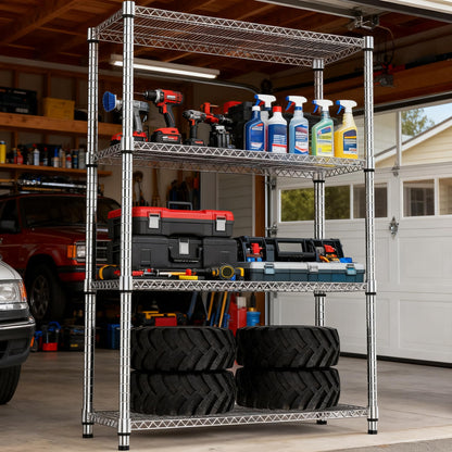 M MZG 4 Tiers Shelf Metal Storage Shelves 2640 lbs Steel Storage Shelving Utility Shelving Unit Steel Organizer Wire Rack for Home,Kitchen,Office,Garage Chrome 17.7" D x 47.2" W x 70.3" H