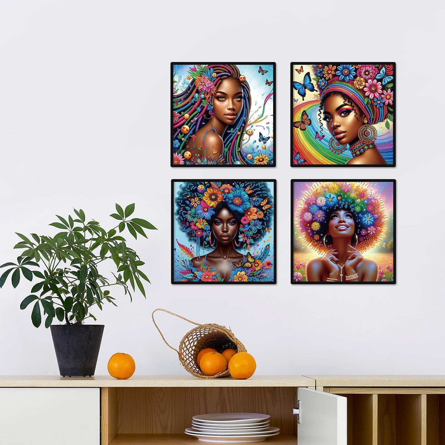 4pcs DIY Diamond Art Painting Kit- African American beauties, 5D Diamond Art Crafts, Suitable for Beginners, Suitable for Home, Art Wall, and Festival Party Decoration, Creative Home Decoration Gifts