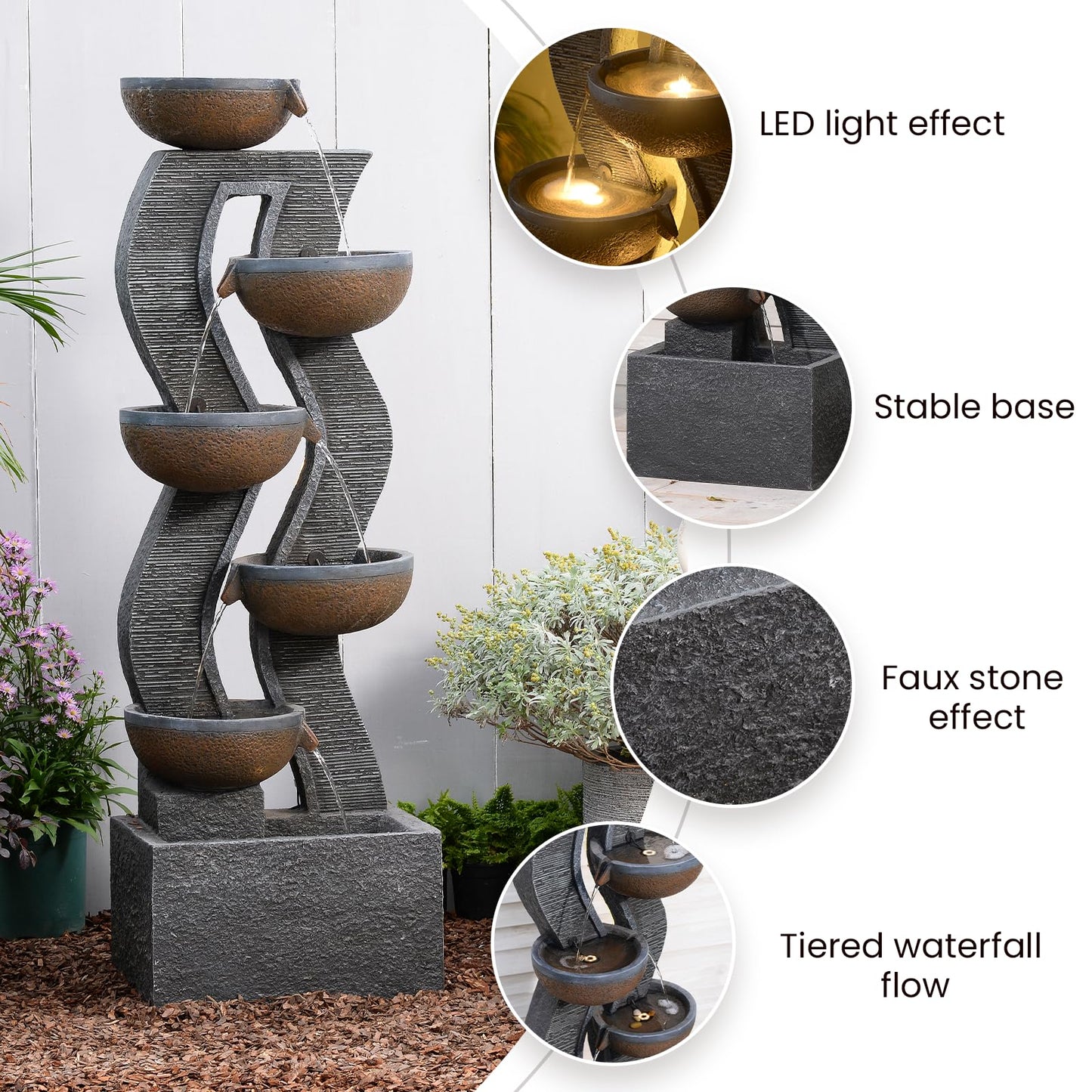 Takamota 52.8" Tall Outdoor Water Fountain with Lights, 6-Tier Cascading Resin Waterfall Feature for Porch, Garden, Yard, Deck, Patio – Large Freestanding Outdoor Fountain and Waterfall Outside Decor