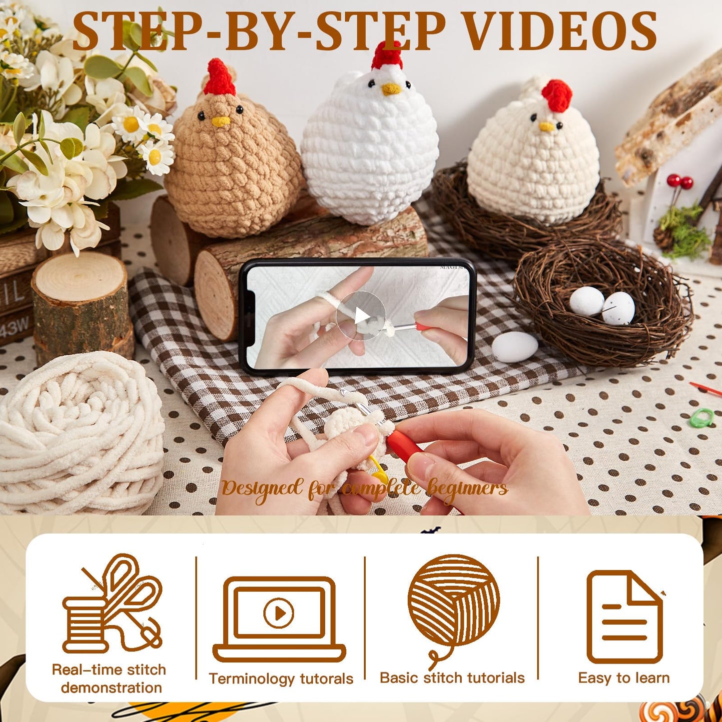 MAGIMUSE Crochet Kit for Beginners, Crochet Starter Kits for Adults Amigurumi Craft Knitting Crochet Animals Kits with Step-by-Step Video Tutorials, 3 Pcs Chicken (40%+ Yarn)