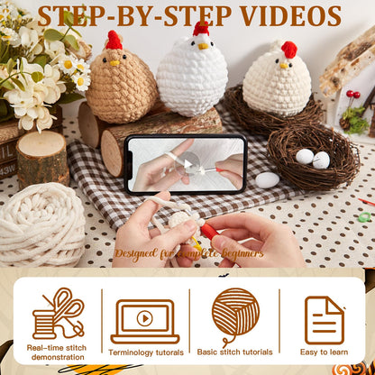 MAGIMUSE Crochet Kit for Beginners, Crochet Starter Kits for Adults Amigurumi Craft Knitting Crochet Animals Kits with Step-by-Step Video Tutorials, 3 Pcs Chicken (40%+ Yarn)