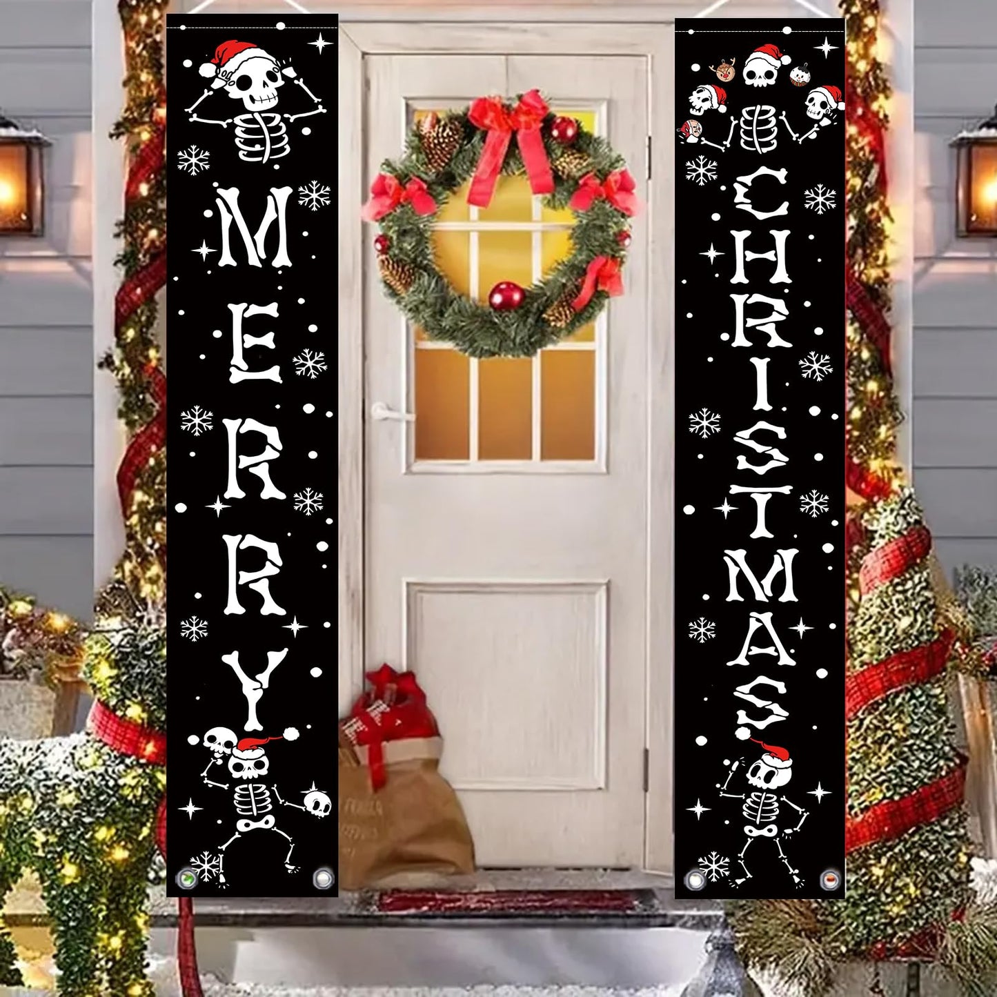 Christmas Door Banner Funny Skeleton Hanging Sign Spooky Vibes Front Door Decor Yard Wall Indoor Outdoor Party Decorations 12x71 Inch