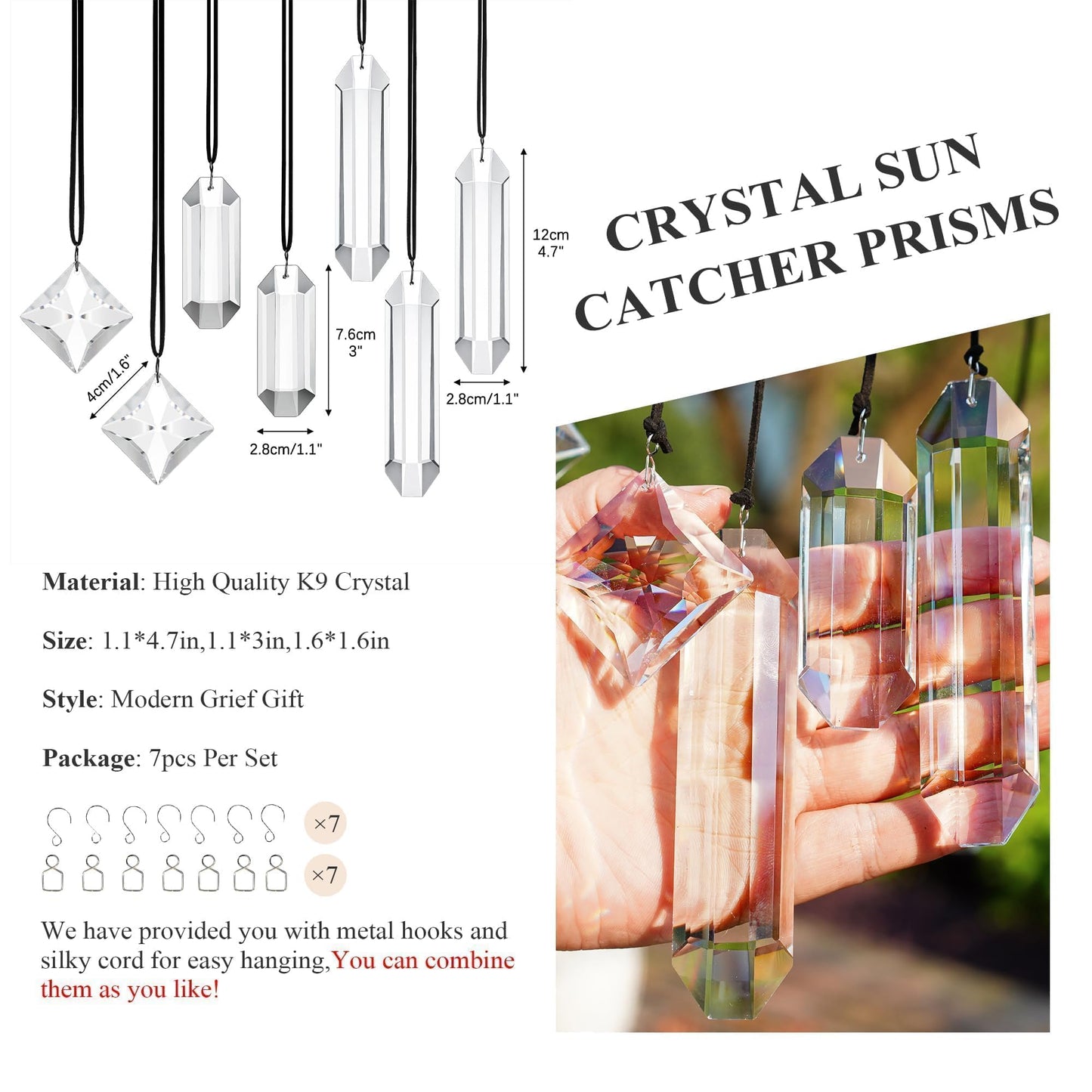 HDCRYSTALGIFTS Set 7 Clear Crystal Prisms Suncatchers Hanging Glass Ornament for Christmas Tree,Rainbow Maker Sun Catchers for Windows Home Garden Decoration,Modern Grief Gift