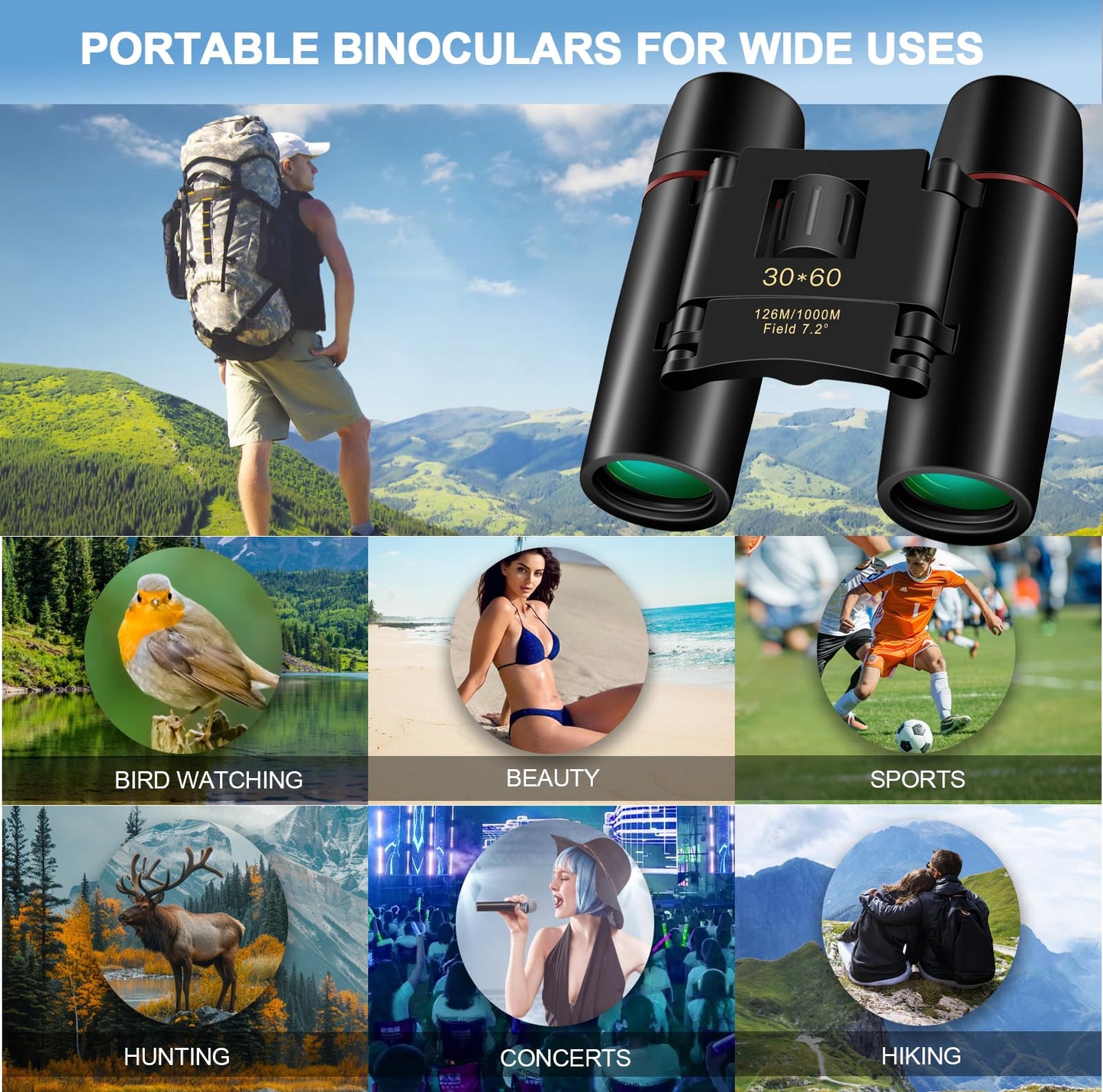 ZIYOUHU Compact 30x60 Binoculars for Adults,Suitable for Adults and Children Bird Watching Travel Sightseeing, Waterproof Lightweight Small Binoculars, with Clear Low-Light Vision