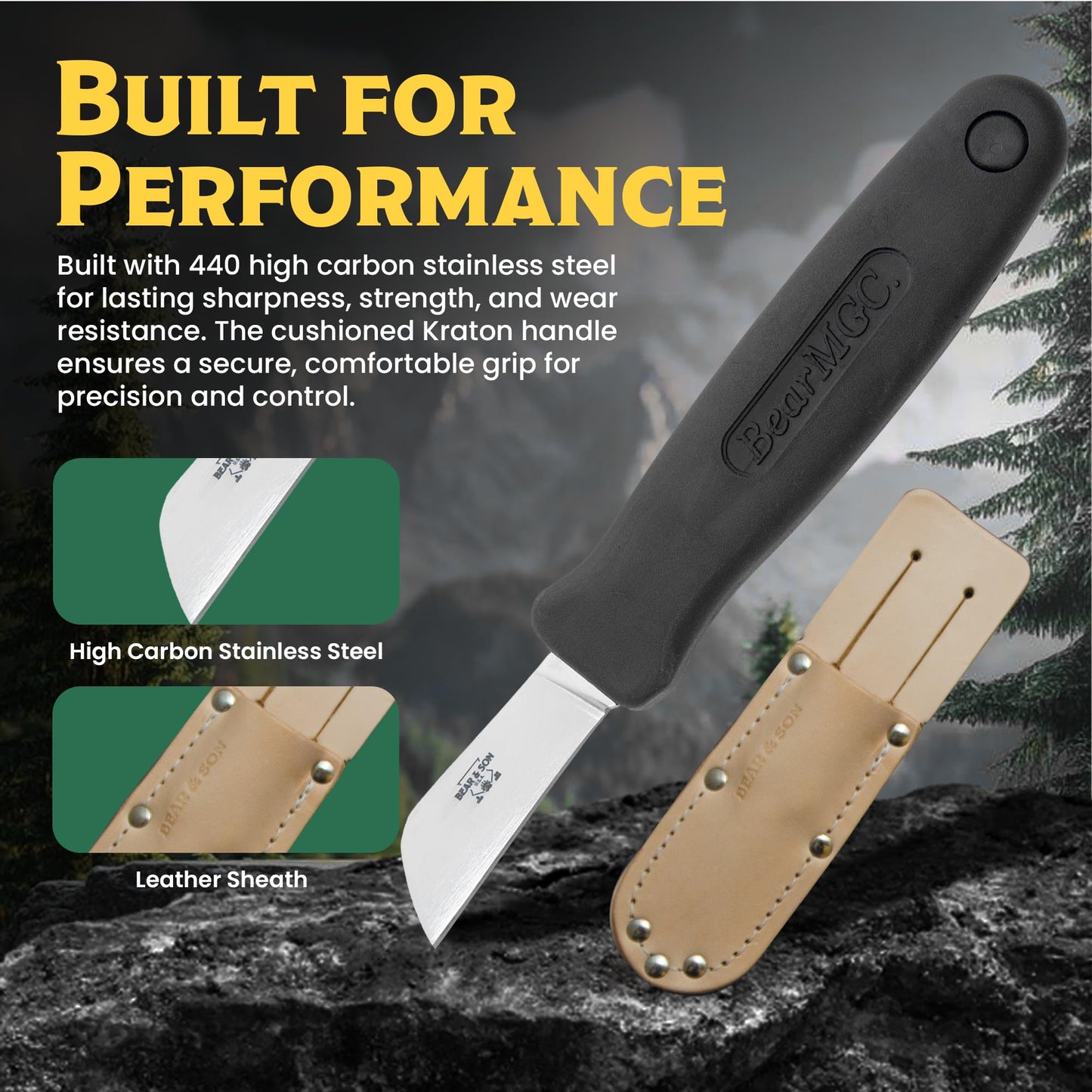 Bear & Son – Fixed 1.75" Splicer Utility Knife | 440 High Carbon Stainless Steel Sheepfoot Blade with Cushioned Kraton Grip | Compact Work, Shop & Everyday Use Fixed Blade Knife – Made in USA