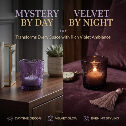 12 Pack Mandala Embossed Glass Candle Holders – Votive Tealight Holders with Patent Design, Decorative Embossed Glass Cups for Wedding Centerpieces, Parties, and Home Décor (Amethyst Bloom)