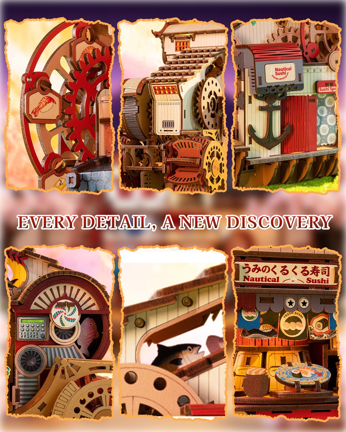 Nautical Sushi 3D Puzzles for Adults, 425PCS Wooden Mechanical Model Building Kit with Music and Lights, Miniature House Kit, Unique Home Decor Craft Gifts for Christmas Birthday Father's Day