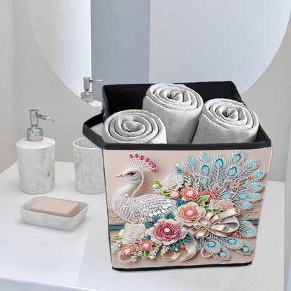 Diamond Painting Storage basket Kits for Adults,White Peacock Pattern of Special Shape Diamond Art Storage Basket,Book Clothing storage bag for Home Creative Decorate Gifts