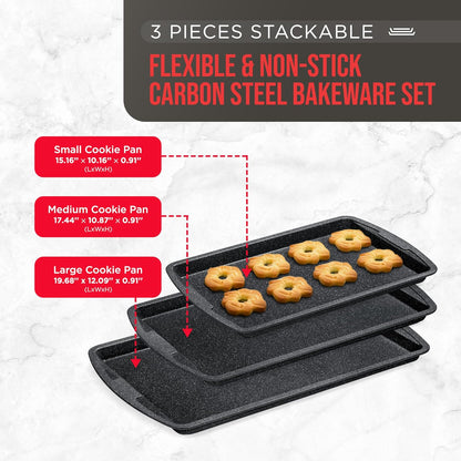 Bakken Swiss Cookie Sheet 3 Piece Set, Non-Stick Stackable Baking Pans with Gray Marble Deluxe Ceramic Coating
