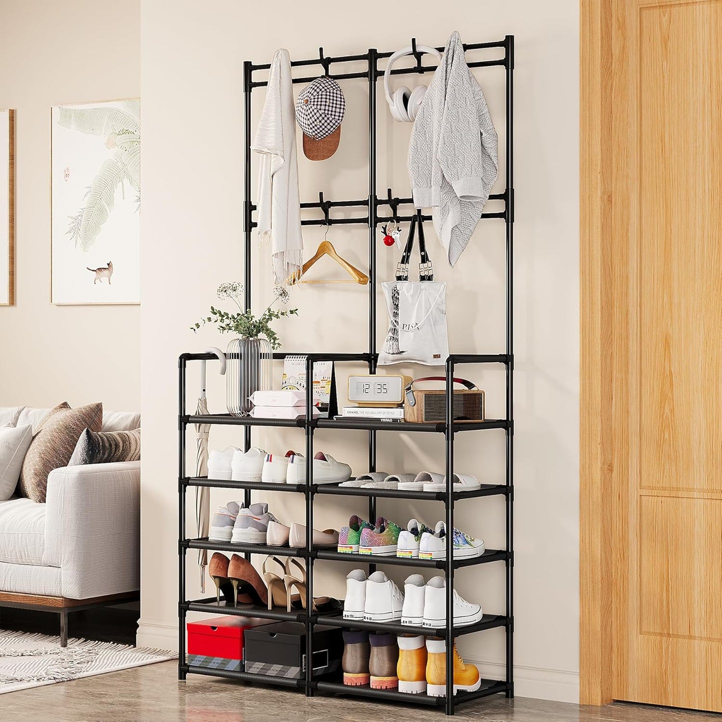 5-Tier 8 UDEAR Coat and Shoe Rack, Entryway Coat Rack with Hooks, Double Row Shoes Organizer for Living Room, Bedroom
